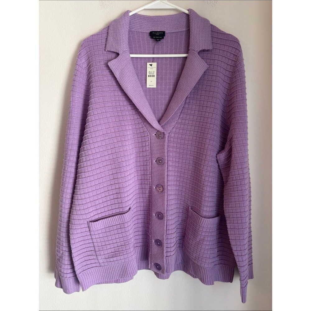 Talbots Lavender 100% wool Textured Button-Front Cardigan blazer sweater 2XL